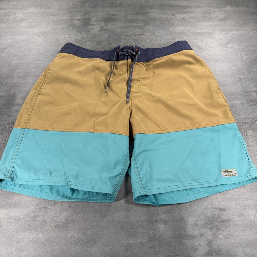 LL Bean Swim Trunks Mens XL Blue Brown Lined Colorblock Surf Board Beach Pool